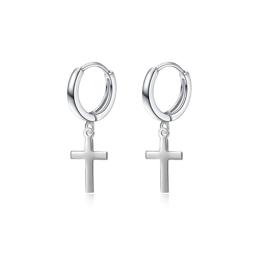 Sterling Silver Hanging Dangle Drop Cross Hoop Earrings for Women Men