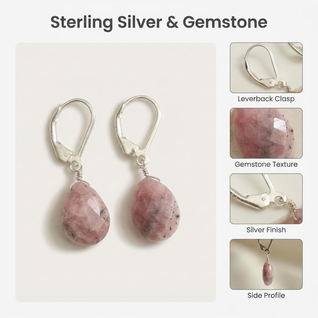 GemInspire | Rhodochrosite Teardrop Earrings for Women | 925 Sterling Silver Leverback Lightweight Natural Crystal Dangle Minimal Drop Jewelry Gift for Mom Wife Girlfriend Everyday Wear