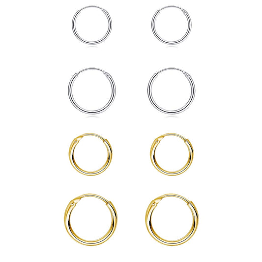 EPIRPRA Silver Hoop Earrings- Cartilage Earring Small Hoop Earrings for Women Men,4 Pairs of Hypoallergenic 925 Sterling Silver Tragus Earrings (Silver&Gold, 8mm/10mm)