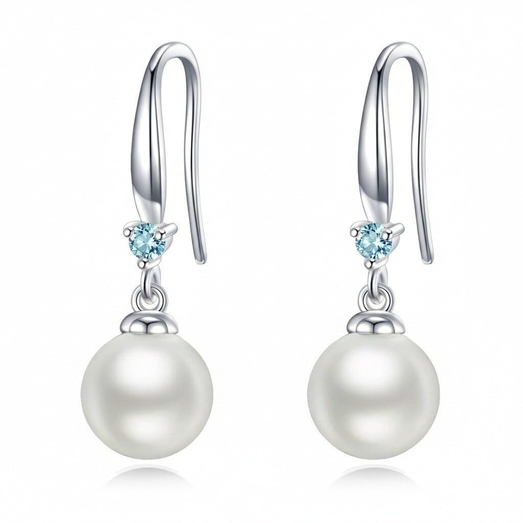925 Sterling Silver Pearl Leverback Earrings Dangle Drop Birthstone Jewelry Gifts for Women (White Pearl-March)
