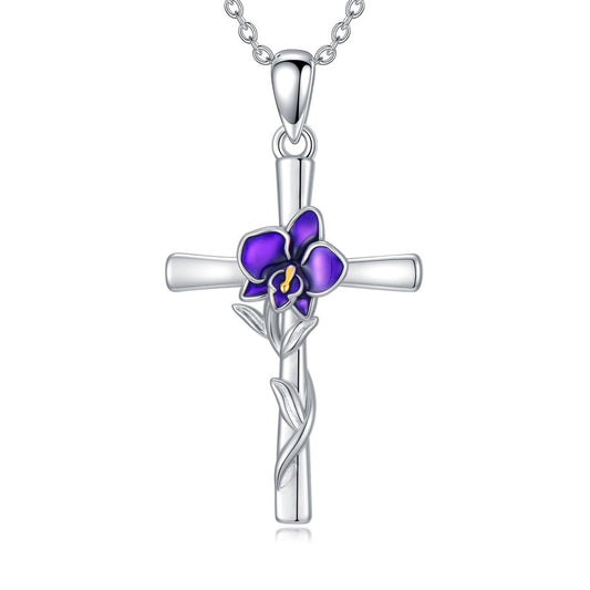 Cargari Orchid Cross Necklace for Women 925 Sterling Silver Birth Flower Cross Pendant Orchid Necklace Jewelry Floral Gifts for Women