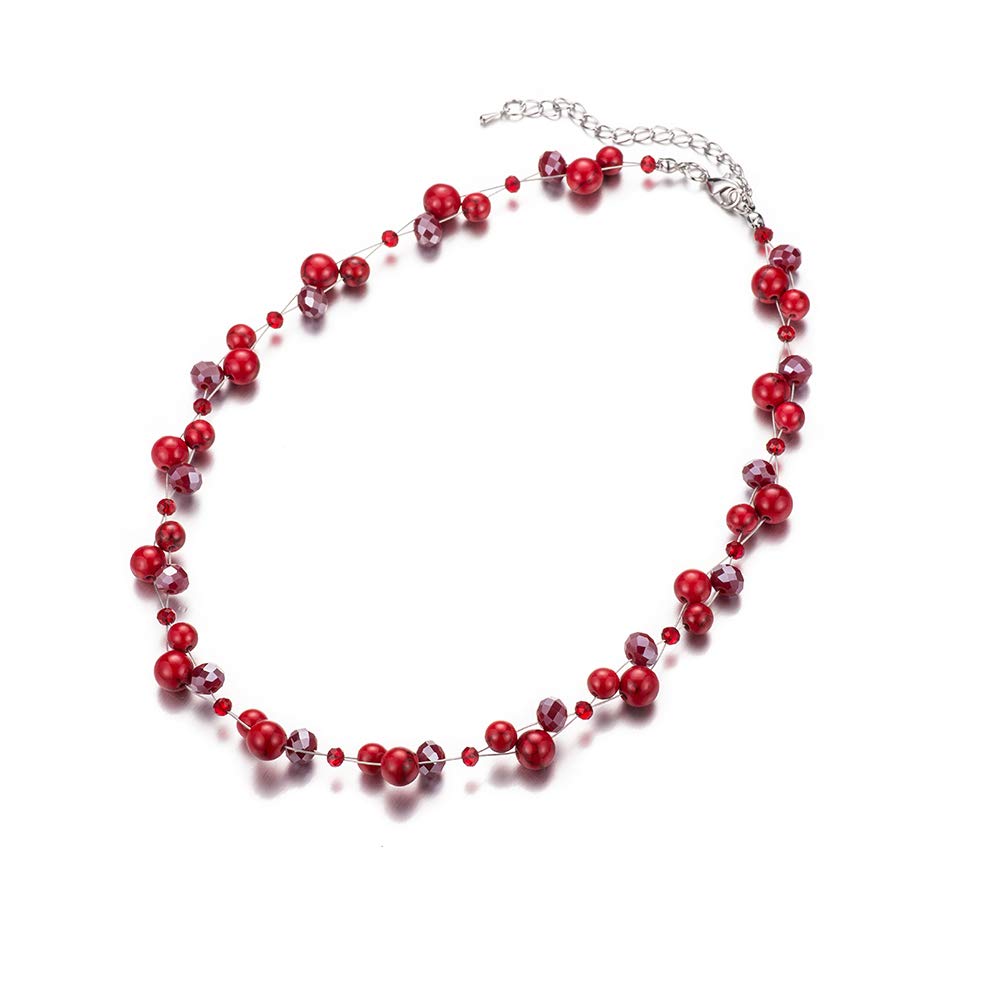 Short Beaded Turquoise Necklace For Women - Fashion Jewelry with Pearl and Crystal Bead, Birthday Gifts For Women (27-Red)