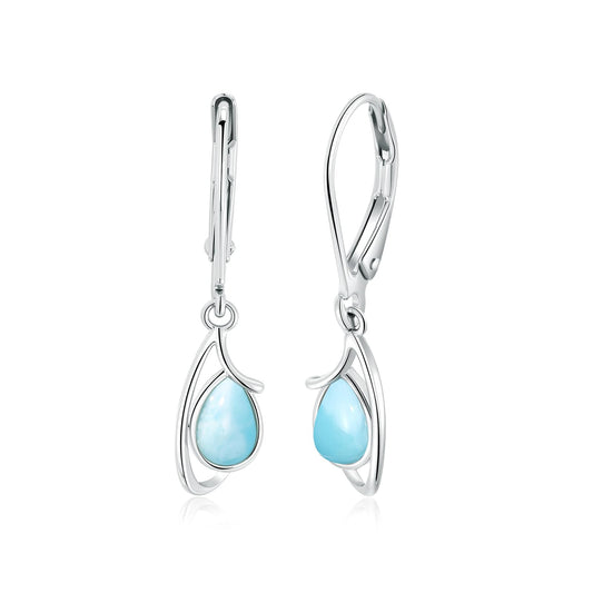 Gemsme Blue Larimar Dangle Earrings - 925 Sterling Silver Hypoallergenic Teardrop Drop Leverback Earrings Jewelry for Women