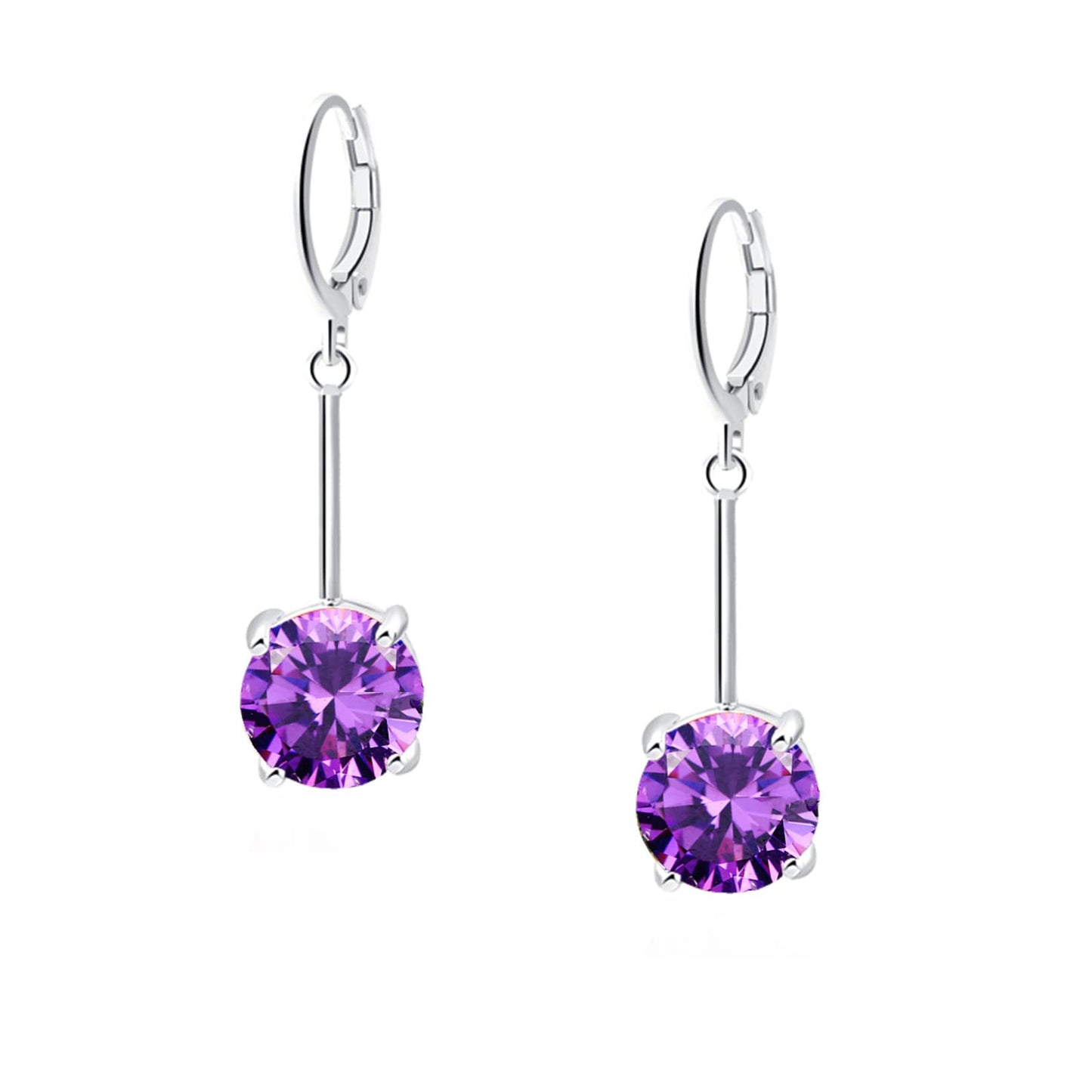VONSSY Gemstone Drop Dangle Earrings | Platinum /Gold Plated Leverback Crystal Cubic Zirconia Hanging Red /Pink/Blue Earrings (Purple-Platinum)