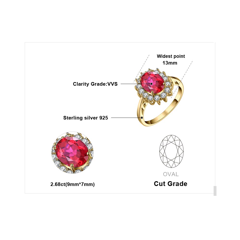 JewelryPalace Princess Diana Kate Middleton Gemstone Birthstone Red Ruby Halo Statement Engagement Rings for Women, 14K Yellow Gold Plated 925 Sterling Silver Promise Rings for Her Size 10.5