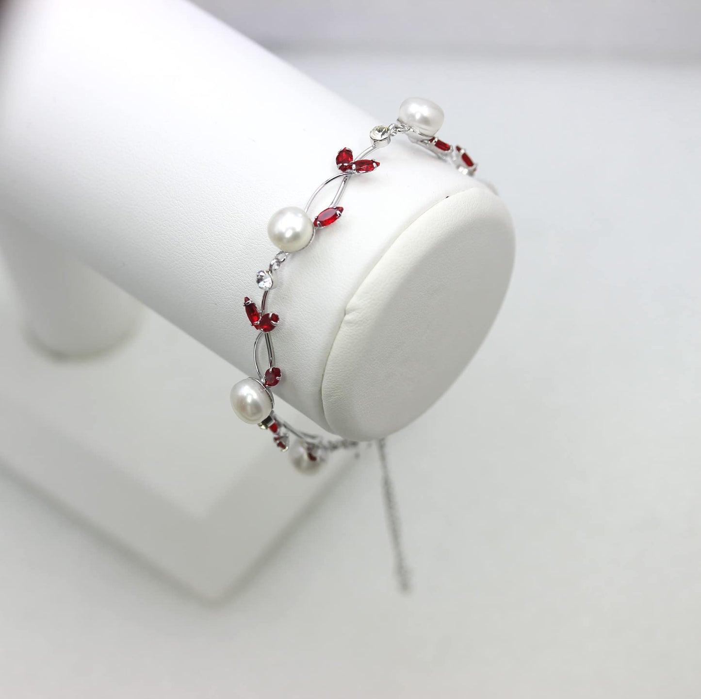 Faship Red CZ Crystal Genuine Freshwater Pearls Floral Bracelet 7.5" - 9.5" - Red/Matching Bracelet