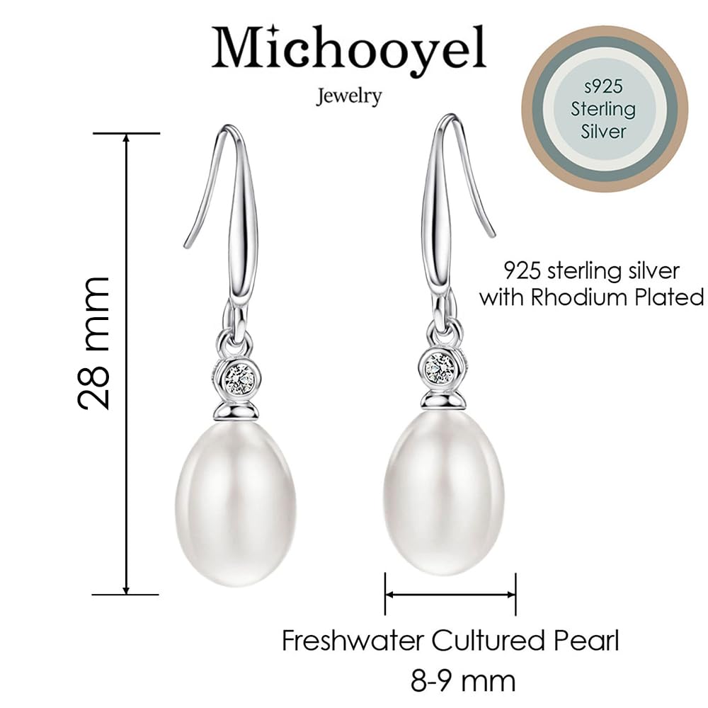 Michooyel 925 Sterling Silver Freshwater Cultured Pearl Dangle Drop Earrings for Women AAA+ Quality 8mm White Pearl Earrings Cubic Zirconia Jewelry for Women