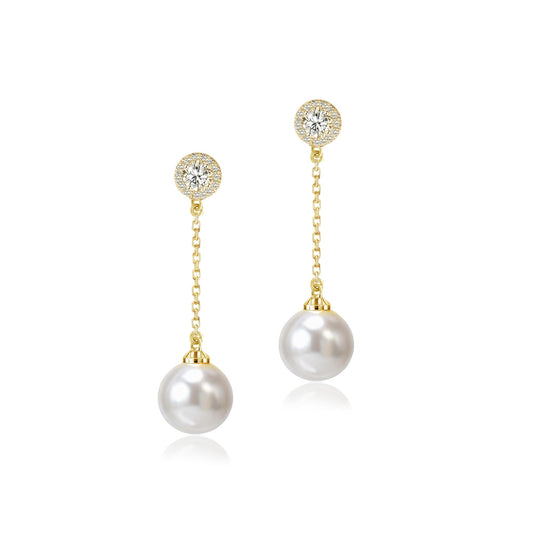 Elegant Imitation Diamond Pearl Drop Earrings Bride Bridesmiad Dangle Pearl Earrings for Women Wedding Party Everyday Wear (Gold Plated)