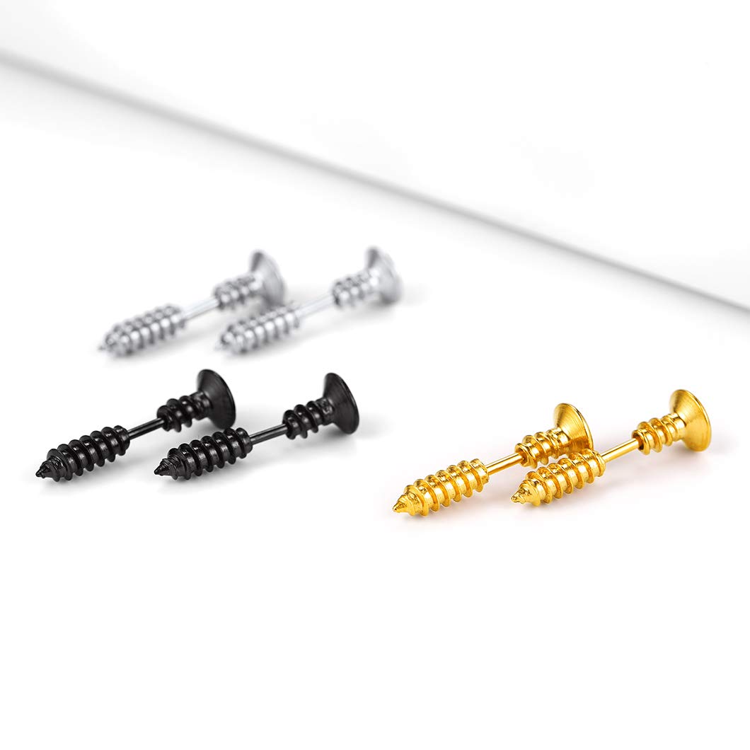 Screw Stud Earrings Men Women Stainless Steel Pierced Tunnel Earring Set Punk Style Jewelry 3 Pairs 3 Colors