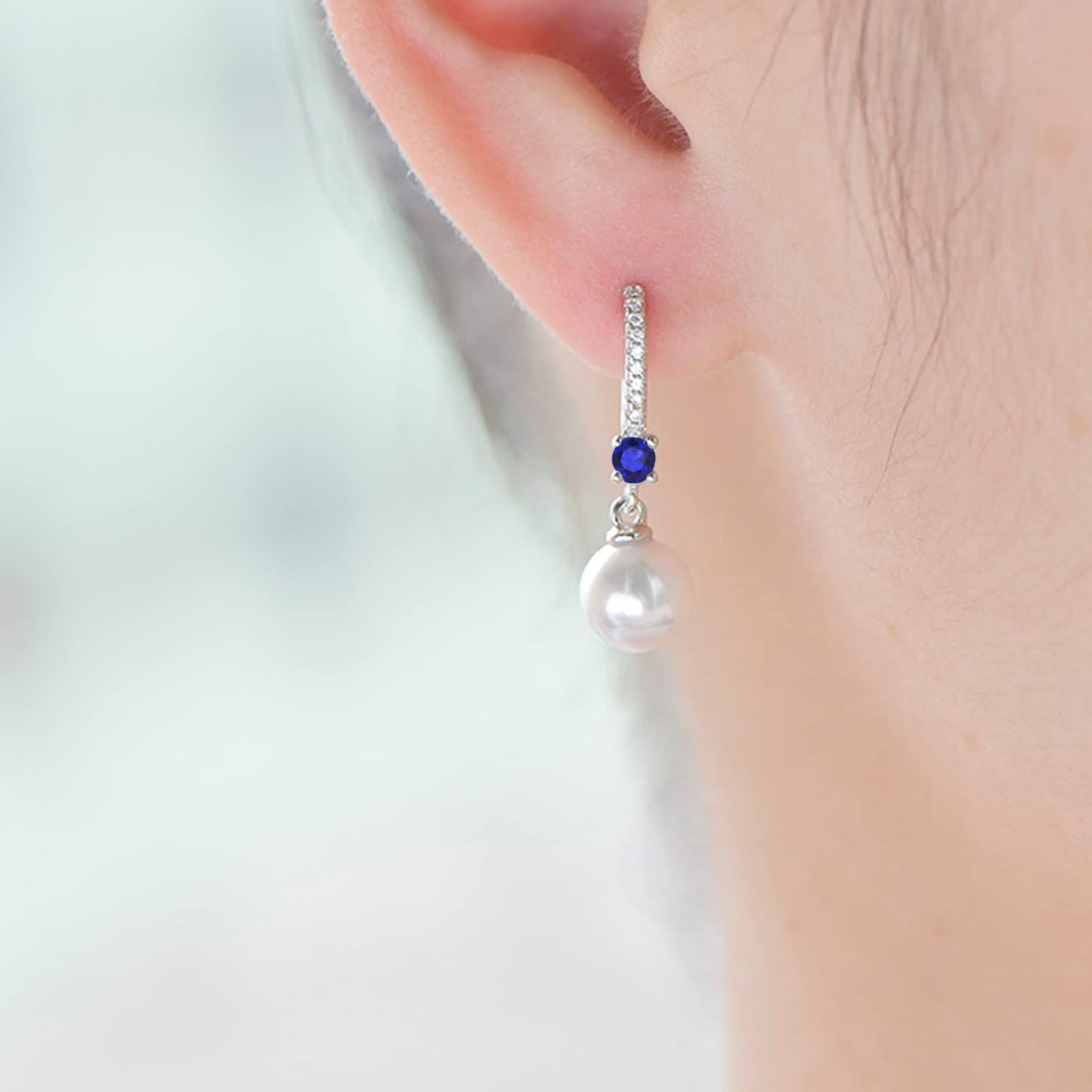 JO WISDOM Pearl Earrings,925 Sterling Silver 8mm Pearl Leverback Drop Earrings with 3A CZ September Birthstone Sapphire Color,Wedding Earrings