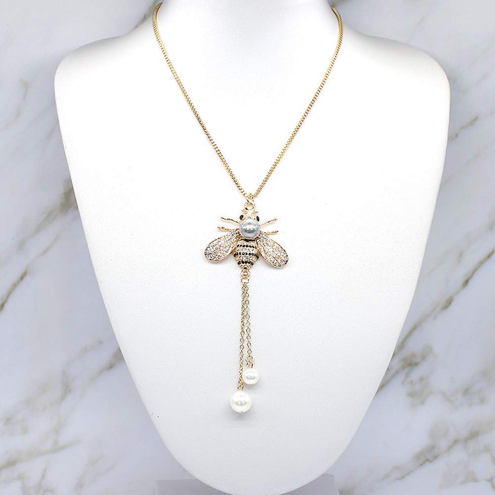 Honey Bee Necklace Crystal Insect Themed Bee Necklace Animal Fashion Shell Pearl Long Necklaces 14k Gold Plated for Women Jewelry(Gray pearl necklace)