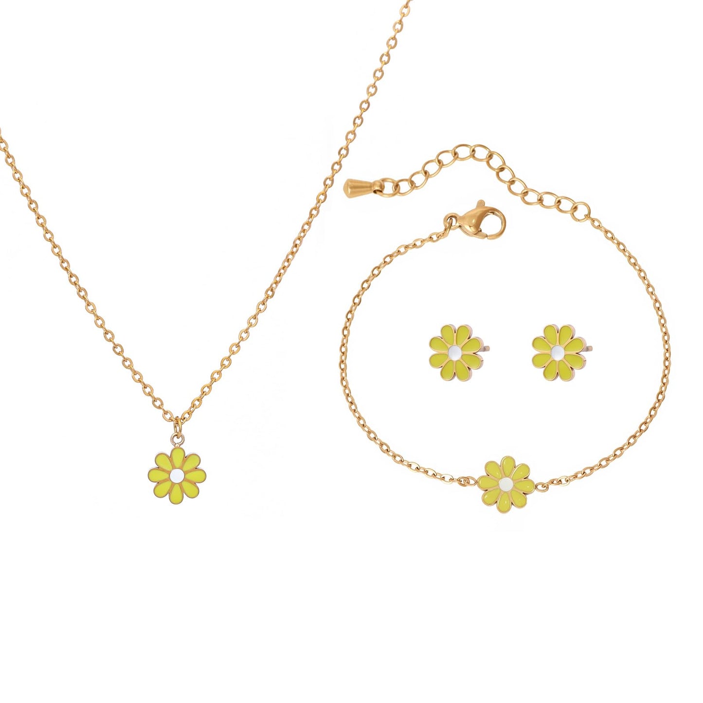 TaYolnFaSo Mini Yellow Flower Jewelry Set for Female Dainty Cute Enamel Small Floral Necklace Earrings Bracelet Set Birthday Gift for Her