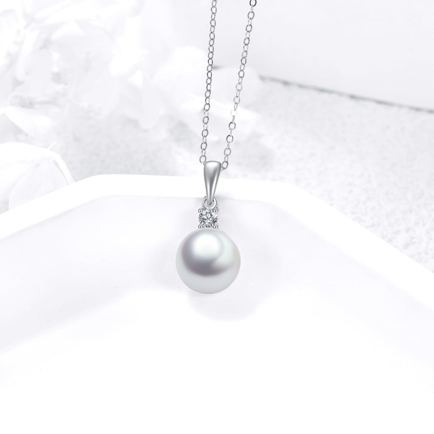 14K Gold Pearl Pendant Necklace for Women (Freshwater Cultured Pearl), Real Gold Present Jewelry Gifts for Wife Girlfriend Mother Mom, 16"-18" (3-white gold)