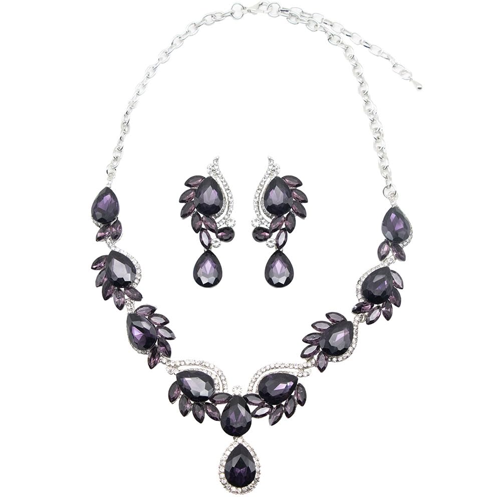 Qlavoca Elegant Crystal Jewelry Set for Women Teardrop Rhinestone Necklace and Dangle Earrings Set for Bridal Evening Prom Jewelry (Purple)