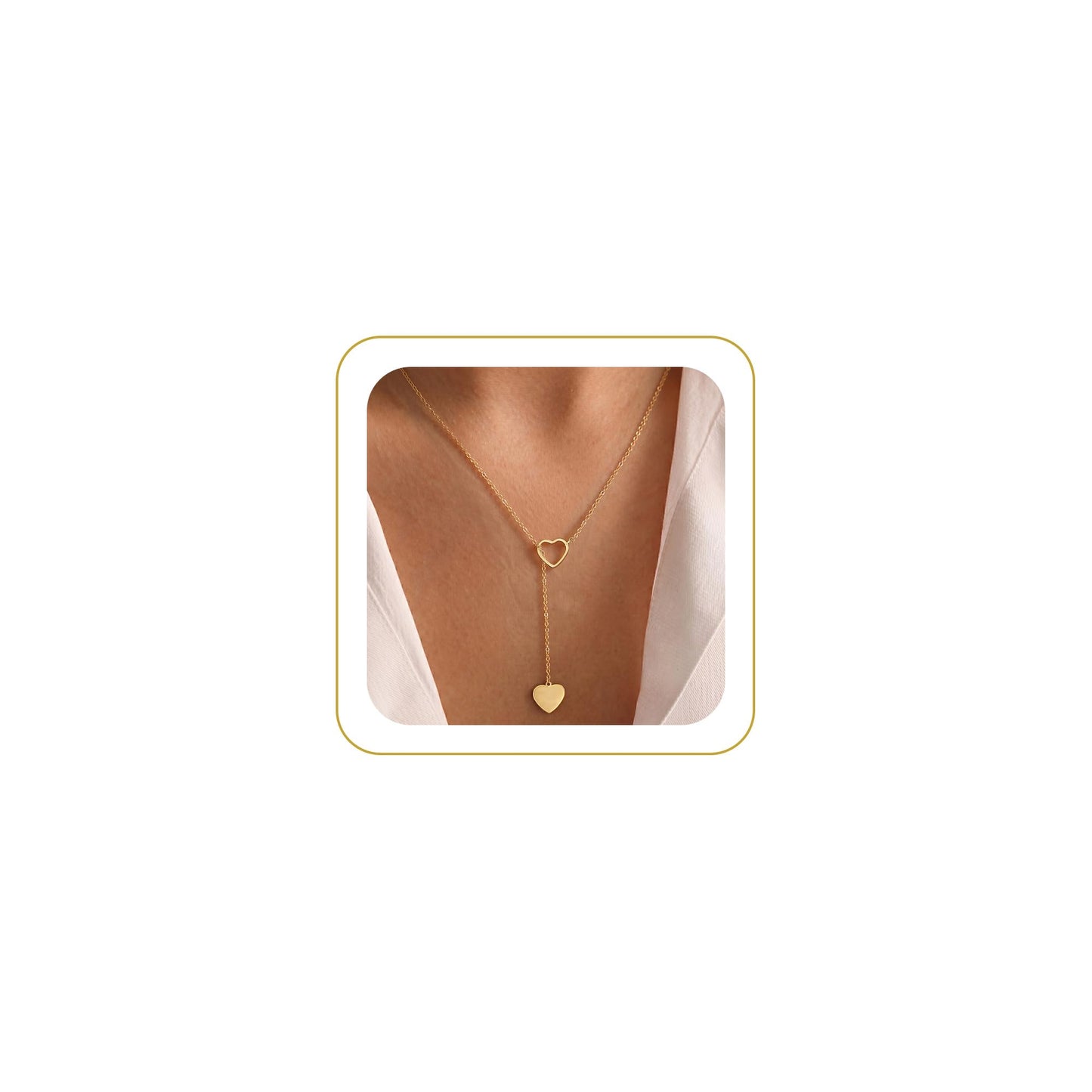 Tewiky Heart Lariat Necklace, 14k Gold Plated, Women's Fashion Jewelry, Gold Heart Pendant, 16 Inch Chain, Perfect for Parties, Weddings, Graduations