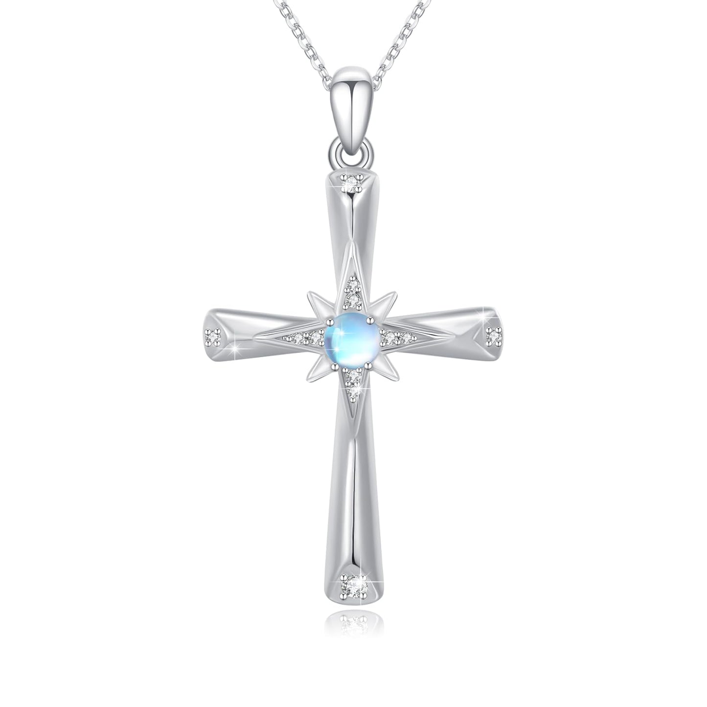 Silikepa Cross Necklace for Women 925 Sterling Silver Star Cross Pendant Necklace with Moonstone Christian Jewelry Gift for Women