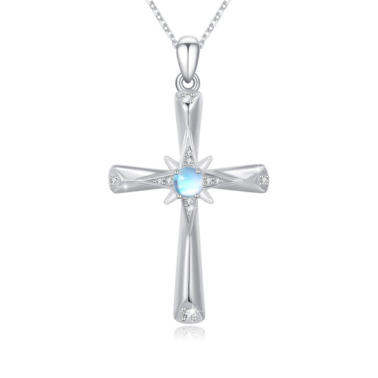 Silikepa Cross Necklace for Women 925 Sterling Silver Star Cross Pendant Necklace with Moonstone Christian Jewelry Gift for Women