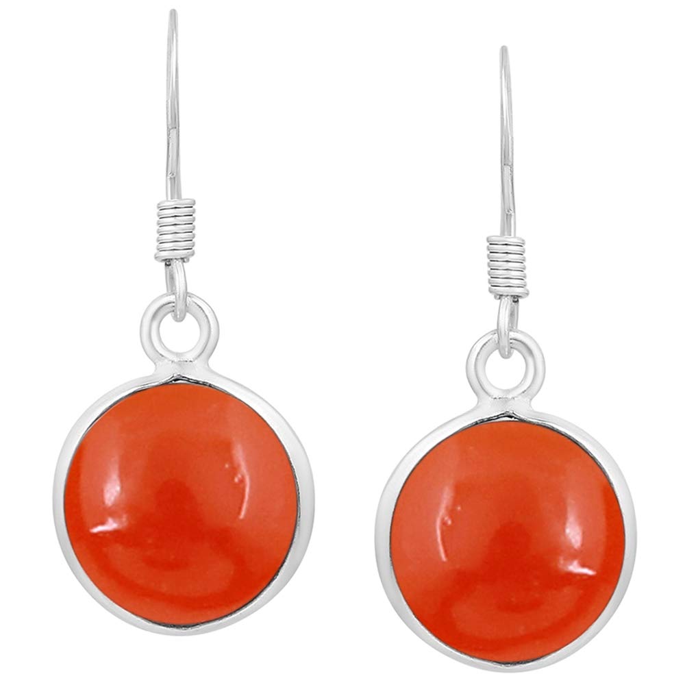Natural Carnelian 925 Silver Plated Dangle Earrings for Women - Round Shape Orange Color Gemstone July Birthstone Handmade Jewelry Earrings - Anniversary Wedding Gift for Her
