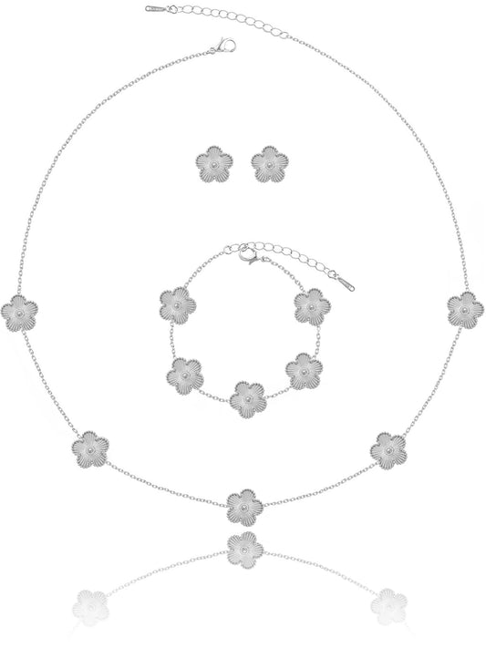 Qinpan Five Leaf Clover Necklace Bracelet and Stud Set for Women Lucky Flower Jewelry (Silver-Stainless Steel)