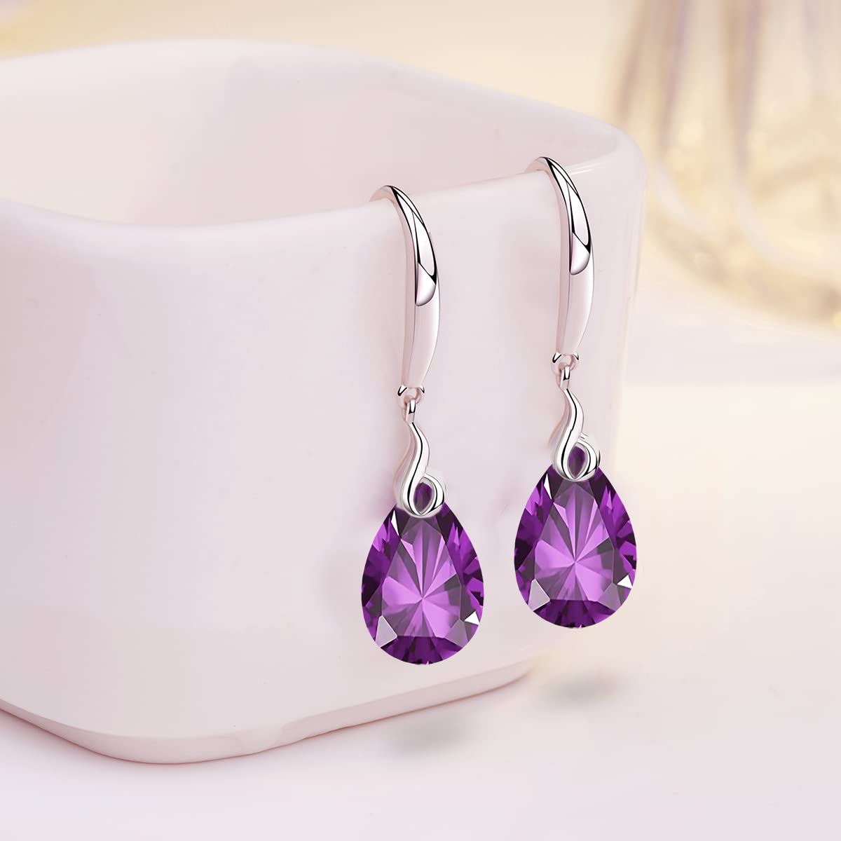 Maylover 14k White Gold Plated 925 Sterling Silver 12mm Pear Shape Naked Drill Crystal Dangle Earrings For Women (Earrings Purple color)