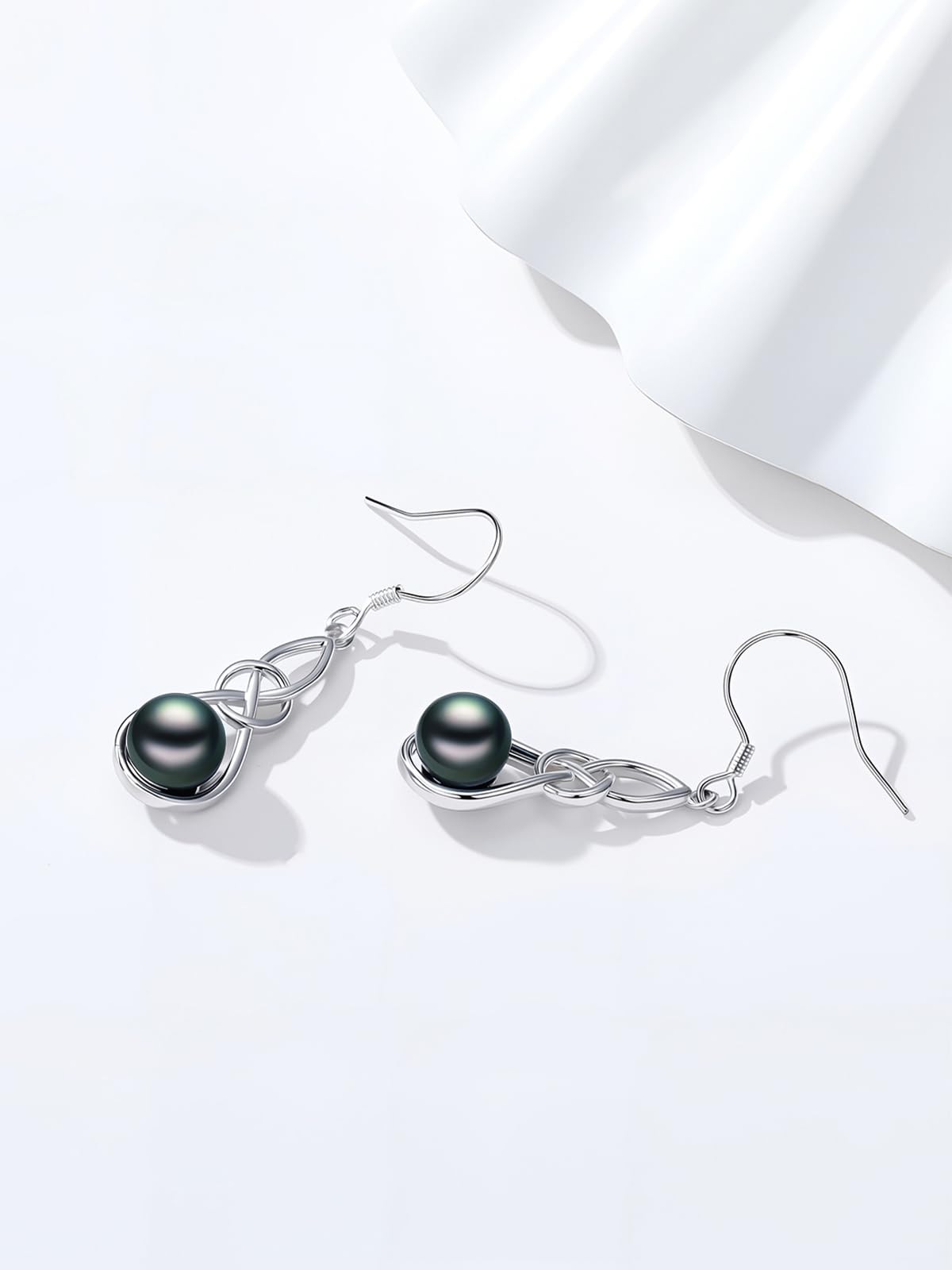 KANNSOAR Tahitian Black Pearl 18K 6MM AAAA White Gold Plated Sterling Silver Celtic Knot Dangle Drop Earrings for Women Wife Mom Girlfriend Valentine Jewelry Gift for Wedding Anniversary Birthday