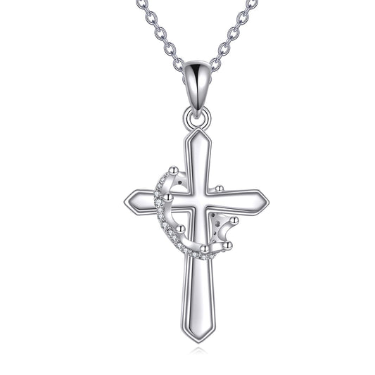 VONALA 925 Sterling Silver Crown Cross Necklace Baptism Religious Pendant Jewelry First Communion Day Gift for Women