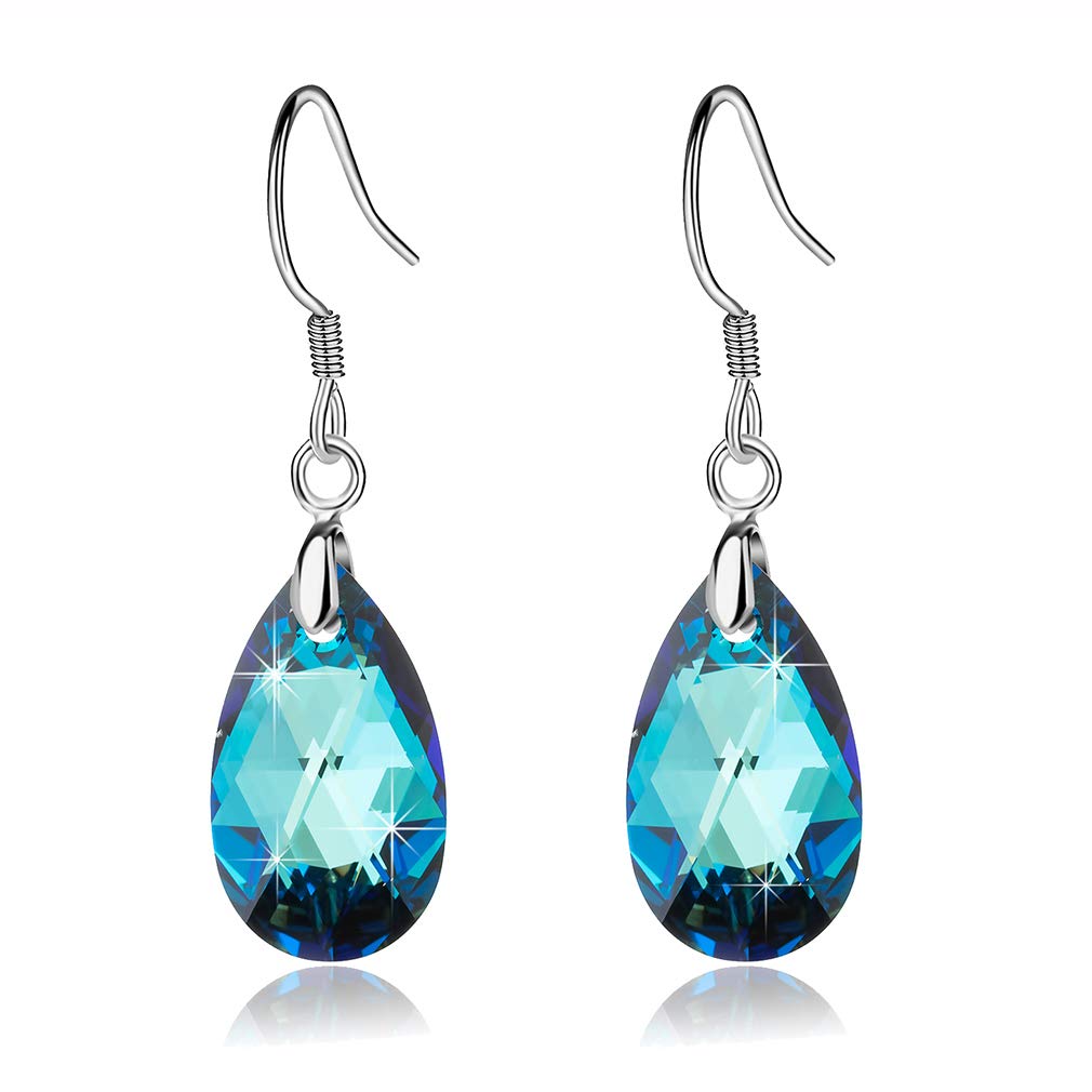 Austrian Crystal Teardrop Dangle Earrings for Women Drop Hook Earring 925 Sterling Silver Hypoallergenic Jewelry (Bermuda Blue)