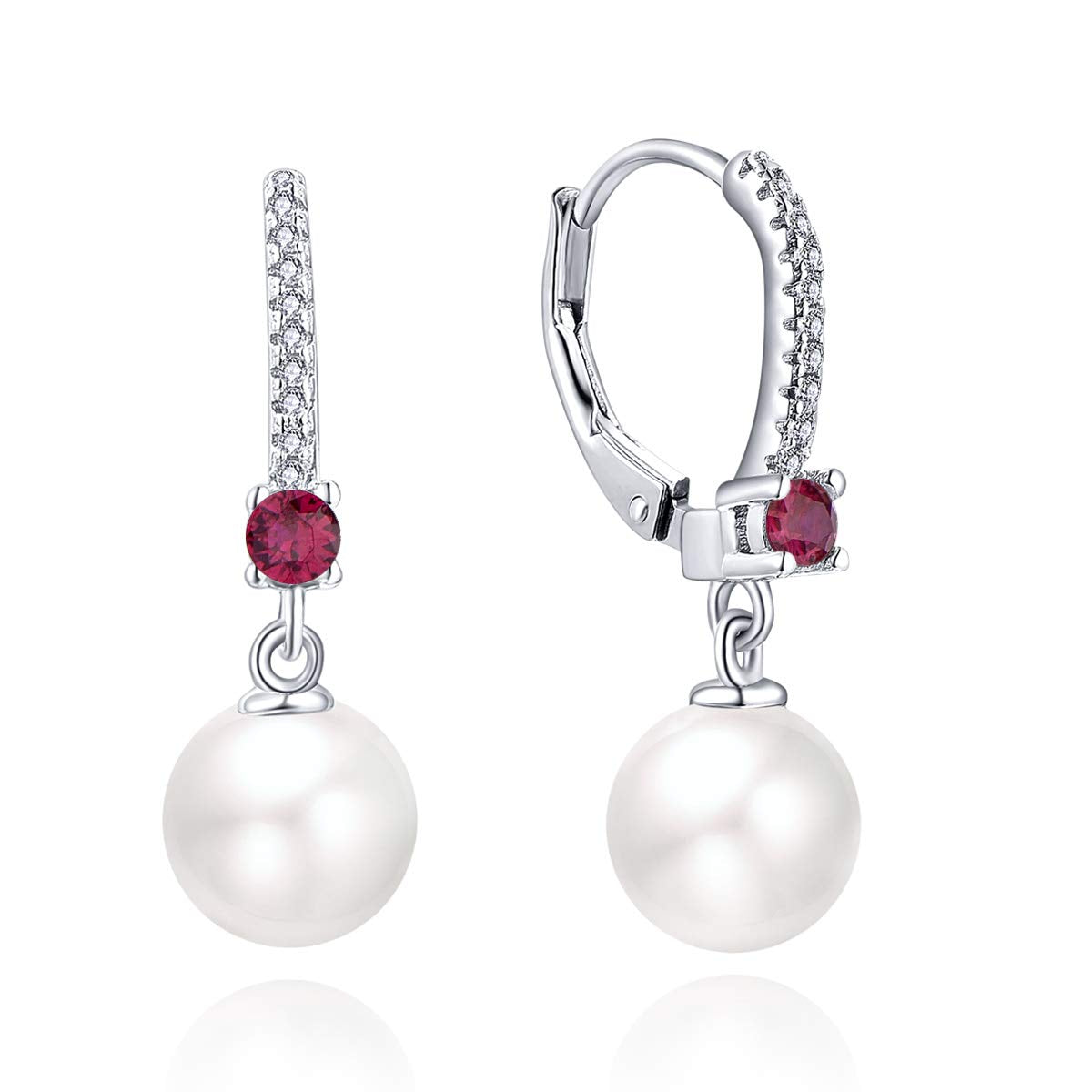 JO WISDOM Pearl Earrings,925 Sterling Silver 3A CZ July Birthstone Ruby Color 8mm Pearl Leverback Drop Earrings,Jewelry for Women