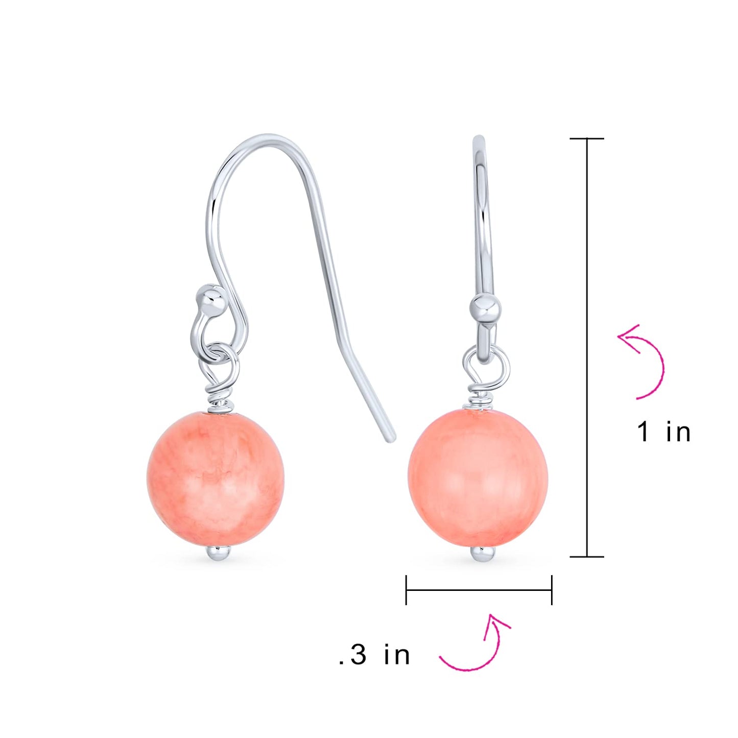 Bling Jewelry Timeless .925 Sterling Silver Pink Quartz Bead 8mm Ball Drop Earrings Fish Hook Genuine Gemstone October Birthstone