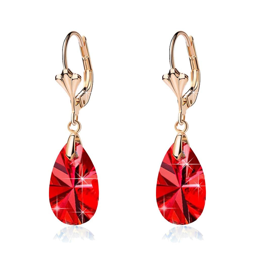 Austrian Crystal Teardrop Leverback Dangle Earrings for Women Fashion 14K Gold Plated Hypoallergenic Jewelry (Red)