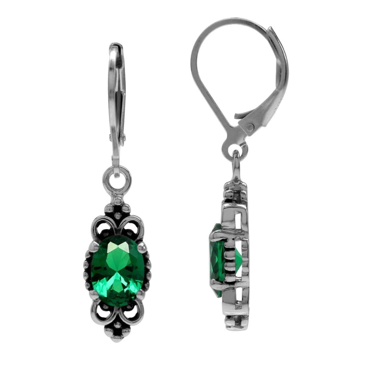 Silvershake Created Nano Green Emerald 925 Sterling Silver Balinese Style Leverback Dangle Earrings