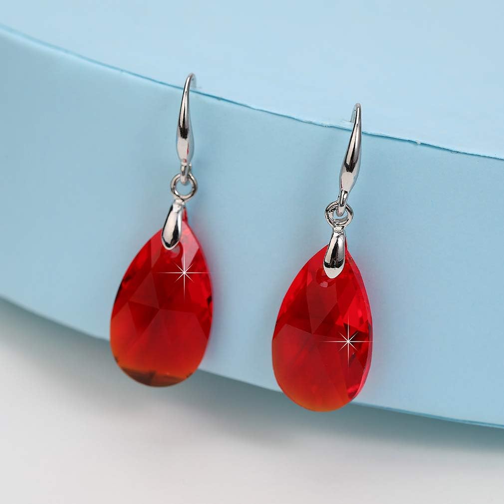 Austrian Crystal Teardrop Dangle Hook Earrings for Women 14K Gold Plated Hypoallergenic Jewelry (Red)