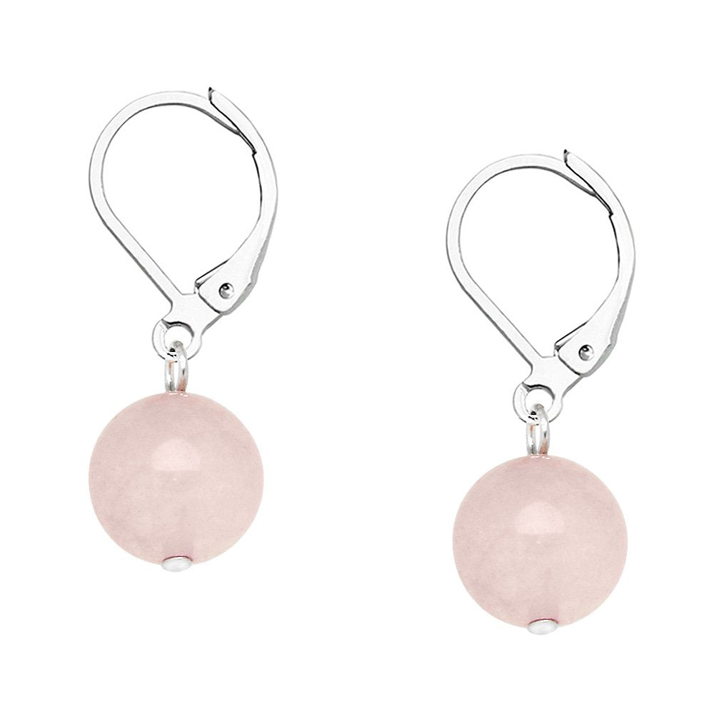 Falari 10mm Round Natural Stone Earring High Polished Rhodium Leverback Rose Quartz