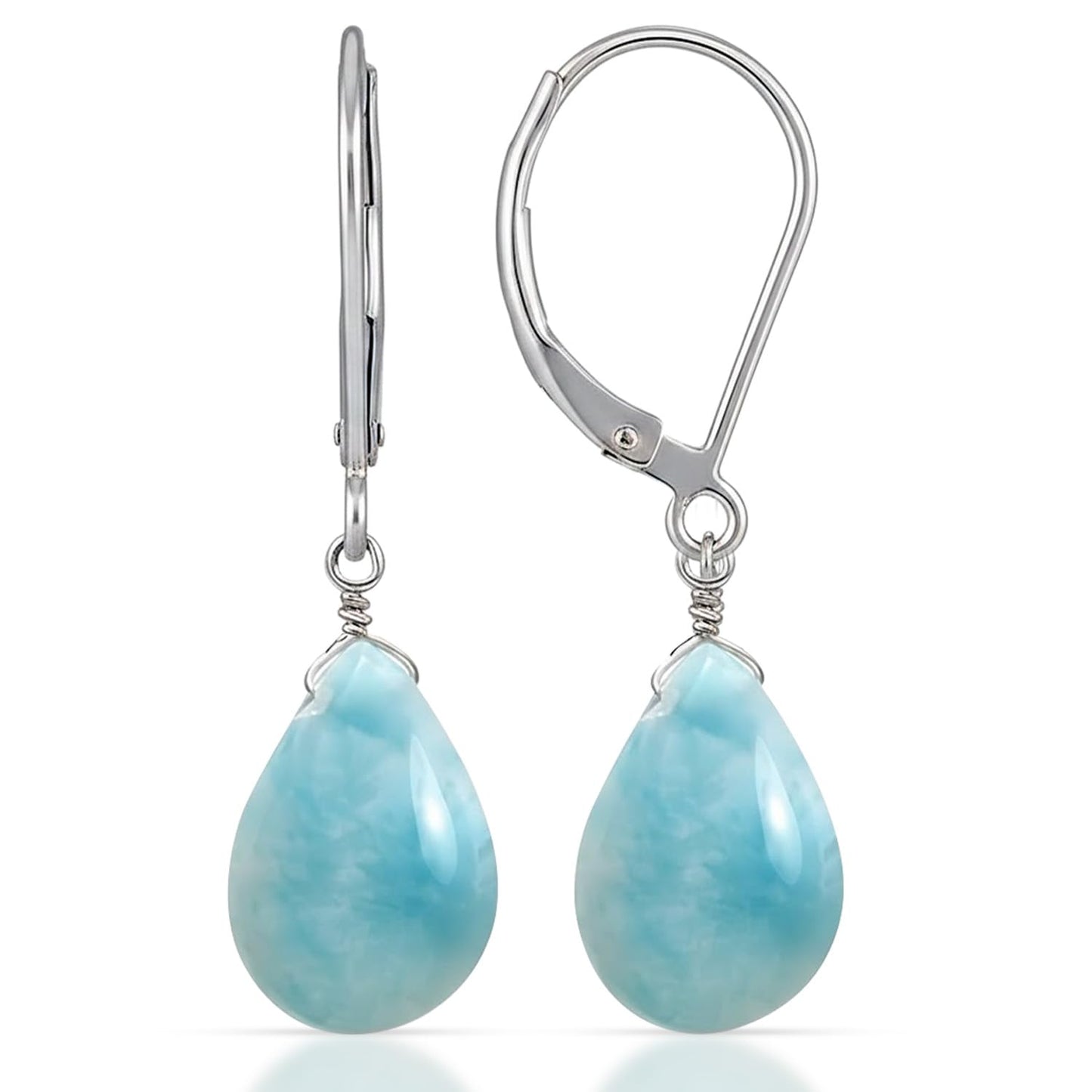 GemInspire Natural Larimar Teardrop Dangle Earrings for Women, Leverback Pear Shaped Gemstone, 925 Sterling Silver Leverback, Handmade Lightweight Jewelry Gift