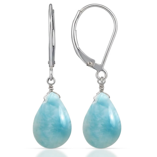 GemInspire Natural Larimar Teardrop Dangle Earrings for Women, Leverback Pear Shaped Gemstone, 925 Sterling Silver Leverback, Handmade Lightweight Jewelry Gift