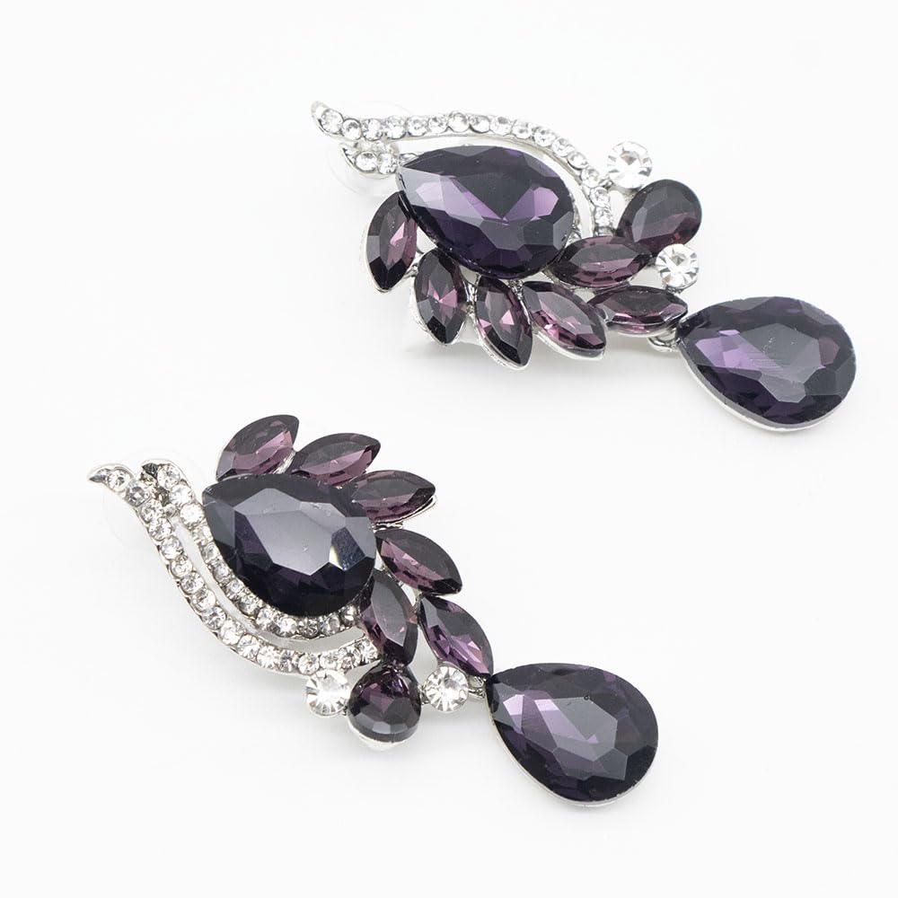 Qlavoca Elegant Crystal Jewelry Set for Women Teardrop Rhinestone Necklace and Dangle Earrings Set for Bridal Evening Prom Jewelry (Purple)