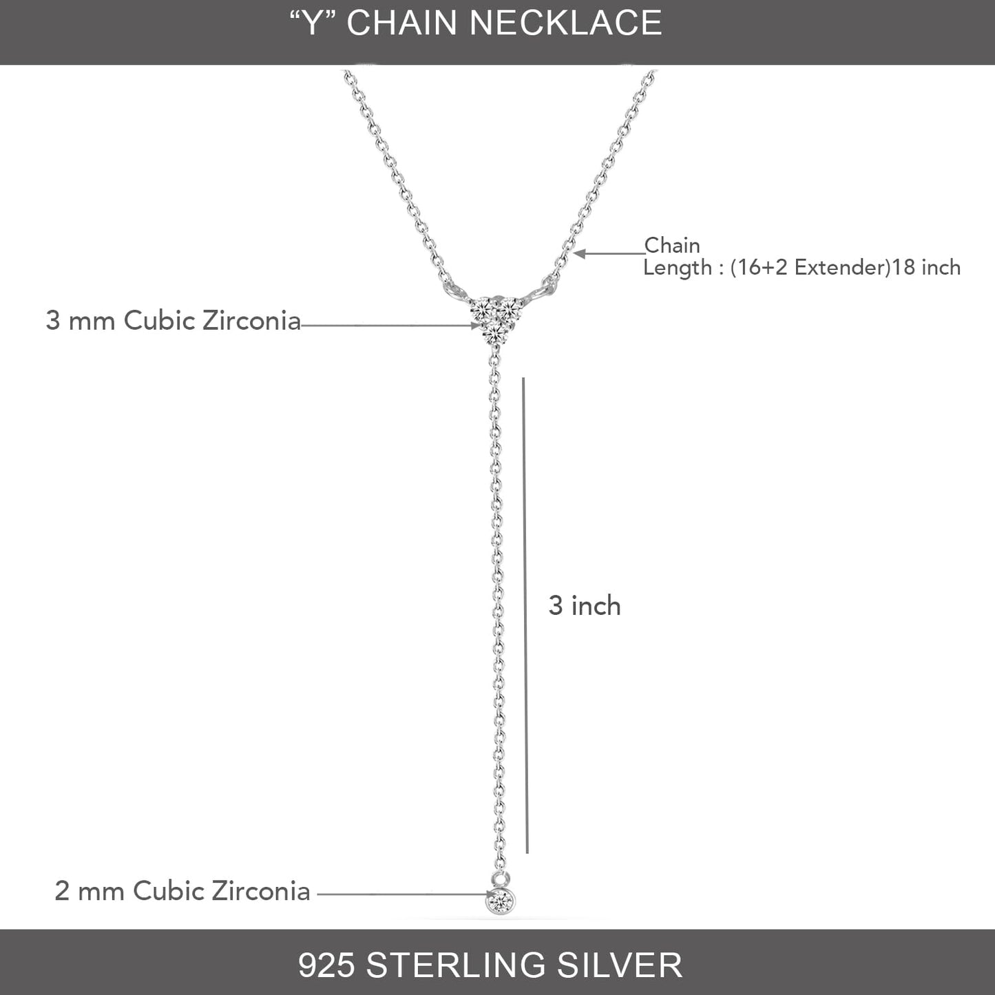 LeCalla 925 Sterling Silver Jewelry Handmade Cubic Zirconia Lariat Necklace Adjustable Dainty Drop CZ Pendant Y Necklace for Women with Lobster Claw Clasp 18 Inches