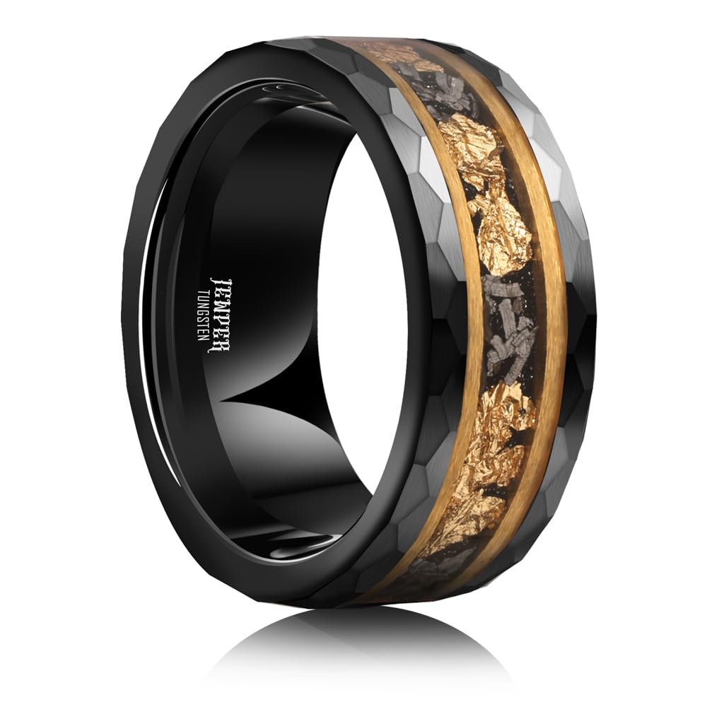JEWPER 8mm Men Womens Wedding Band Tungsten Rings Gold Black Hammer pattern Fashion Promise Carbide Inlaid Gold Leaf Iron Filings Matte Finish Edge Comfort Fit size(9)