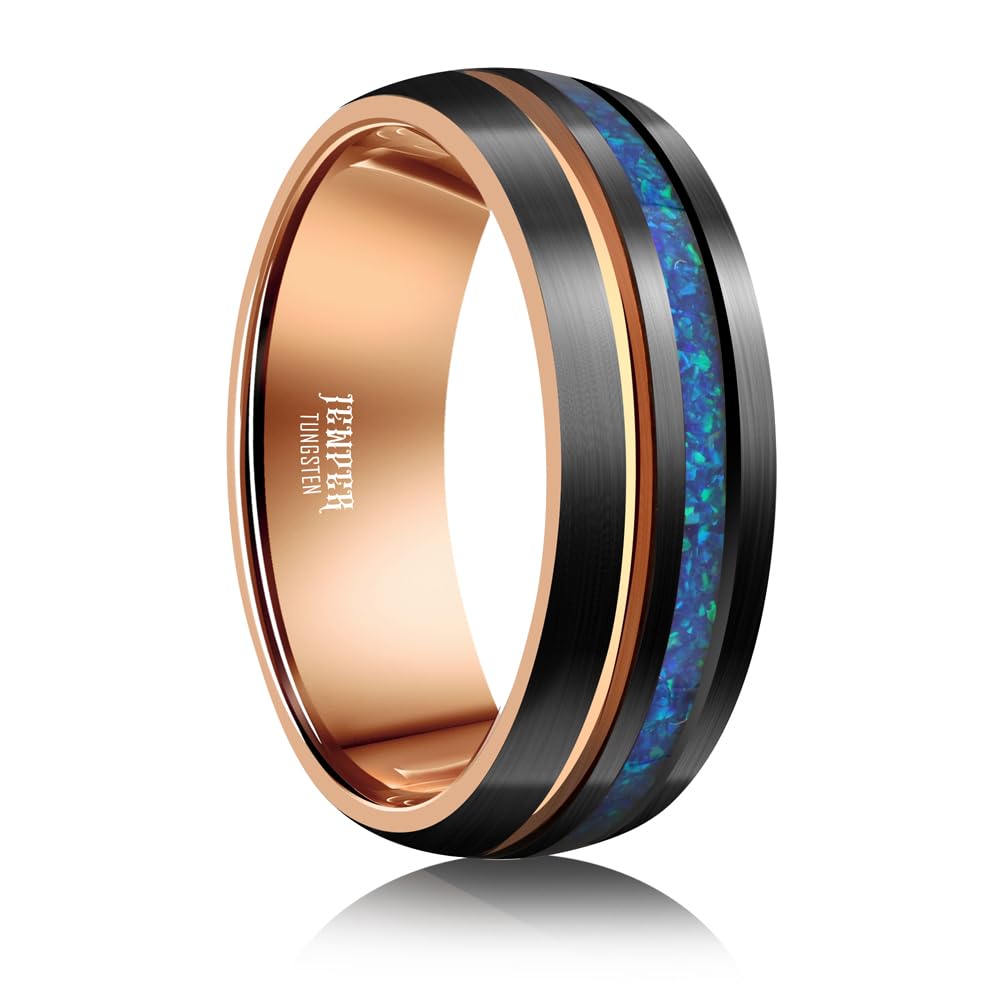 JEWPER 8mm Men Womens Wedding Band Tungsten Rings Black Blue rose gold Fashion Promise Carbide outer ring Inlaid Opal groove design Matte Finish Edge Comfort Fit Size(9)