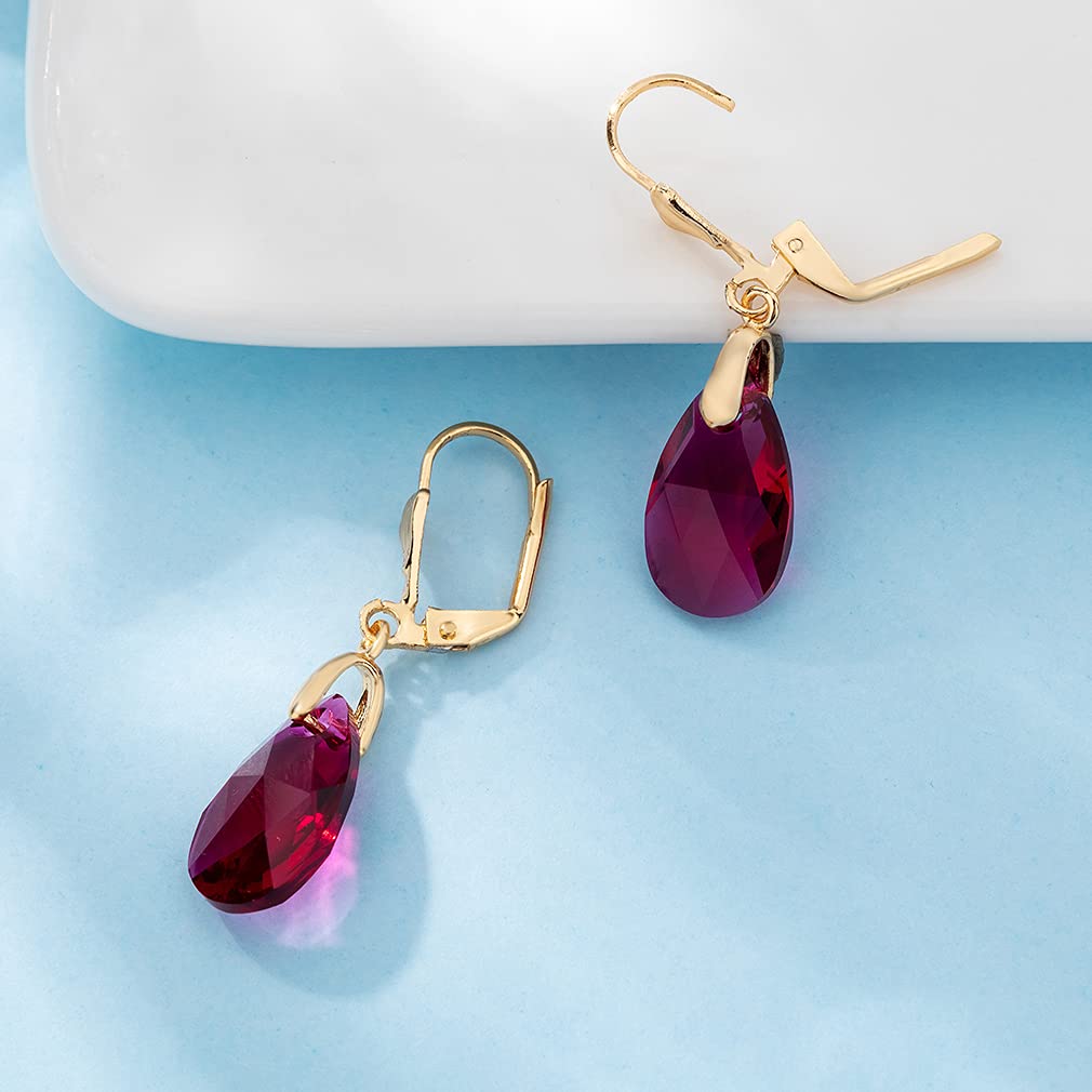 Austrian Crystal Teardrop Leverback Dangle Earrings for Women Fashion 14K Gold Plated Hypoallergenic Jewelry (Fuchsia)