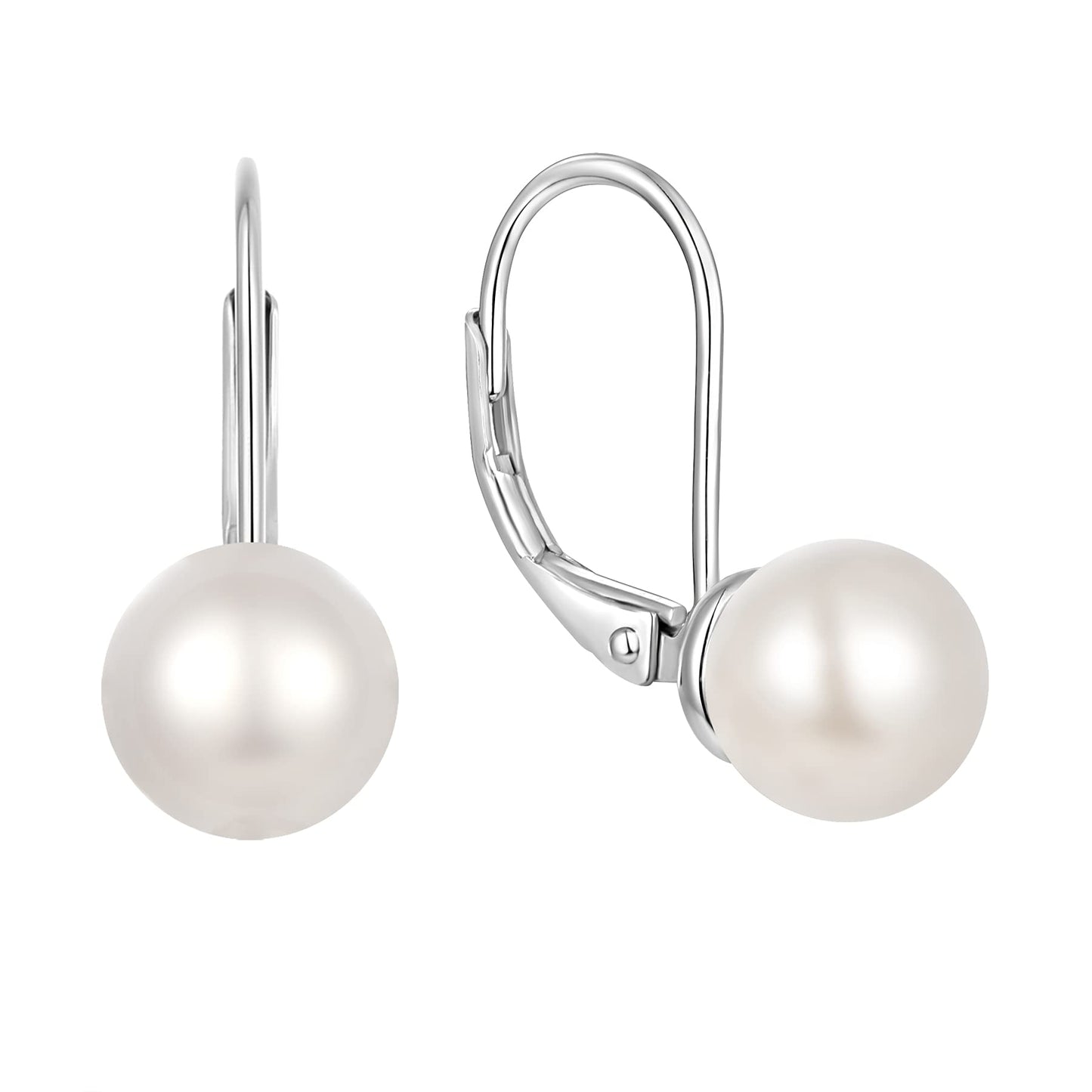 JO WISDOM Pearl Earrings,925 Sterling Silver 8mm Freshwater Cultured Pearl Leverback Drop & Dangle Earrings for Women Wedding