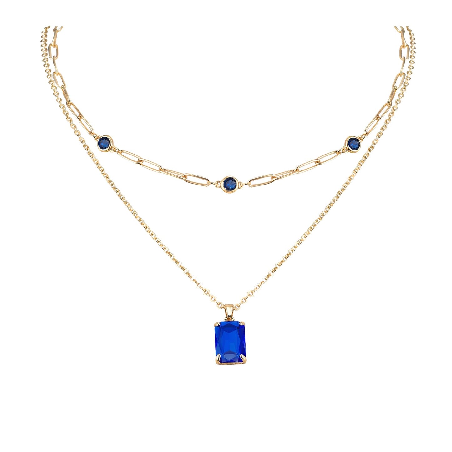 VANGETIMI Blue and Gold Layered Pendant Necklaces for Women 14k Gold Plated Crystal Choker Necklace Paperclip Rhinestone Necklace Party Prom Jewelry