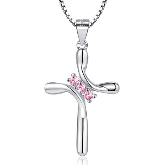 EVERU S925 Sterling Silver Cross Necklace for Women Birthstone Necklace with Cubic Zirconia 18K Gold Plated Cross Pendant Jewelry Ideal Gift Pink Tourmaline October
