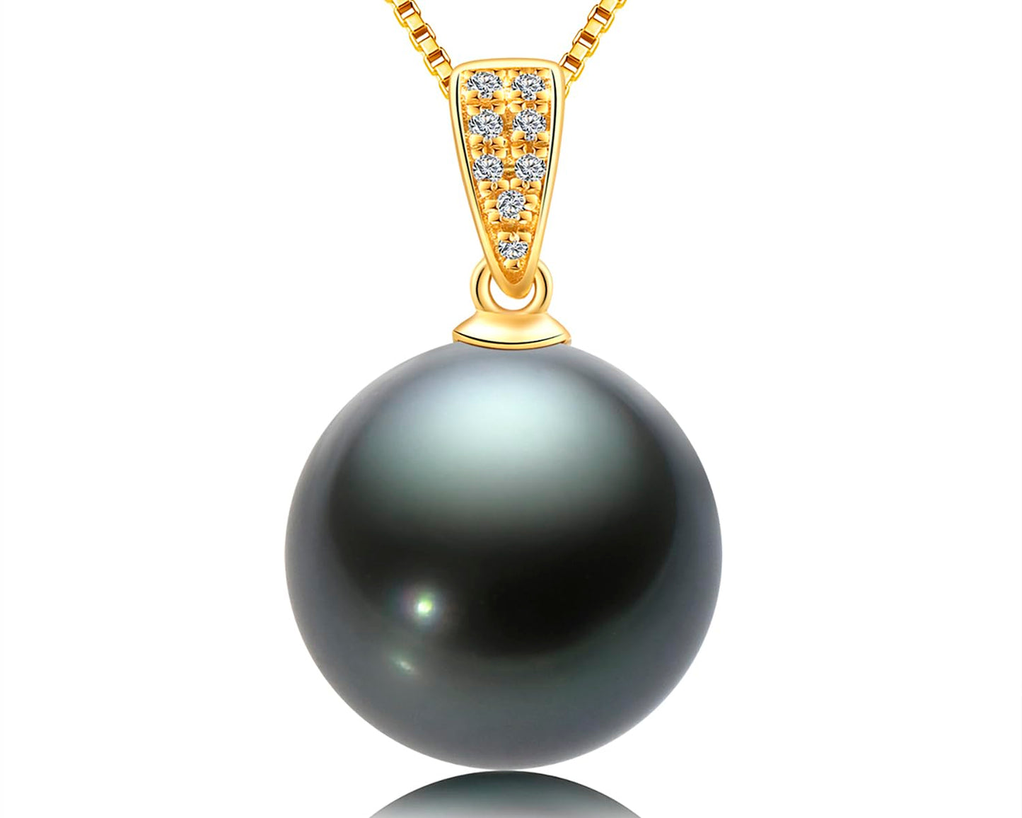 DENGGUANG 18K Gold Black Pearl Necklace Pendant with Diamond 10-11mm Genuine Tahitian Cultured Round Pearls Pendant for Women with 18" Silver Chain
