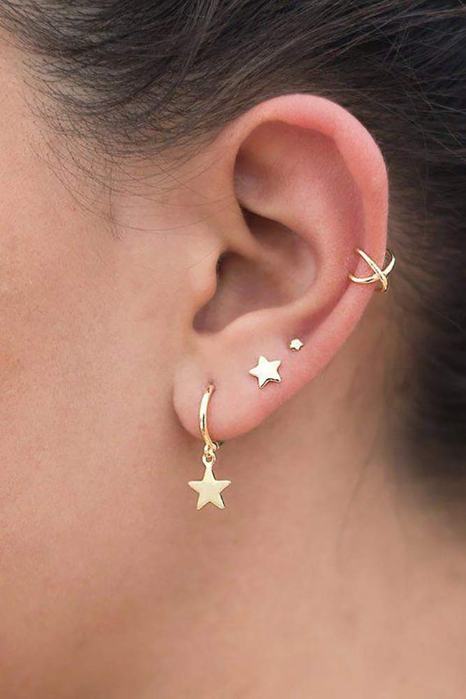 Small Hoop Star Dangle Drop Hoop Earrings With Small Charm for Women Cute Cartilage Fashion 18K Yellow Gold Plated Vintage Elegant Dangling Jewelry