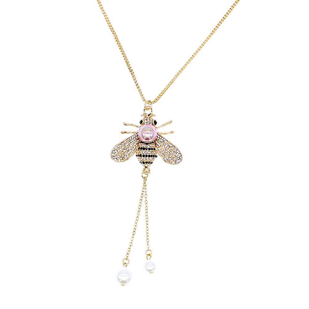 Honey Bee Necklace Crystal Insect Themed Bee Necklace Animal Fashion Shell Pearl Long Necklaces Gold Tone for Women Jewelry (light purple pearl necklace)