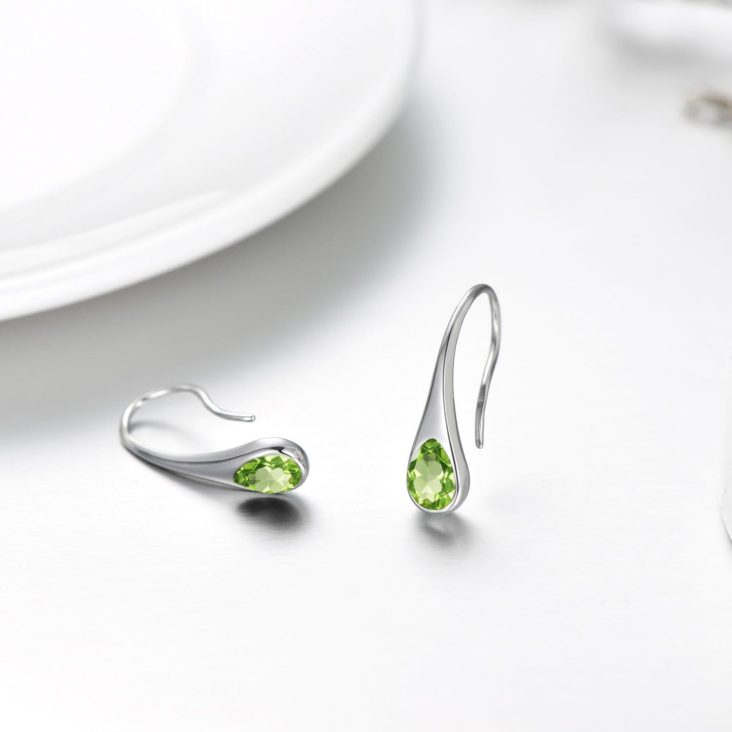 925 Sterling Silver Pear-Shaped Hook Earrings with Simulated Peridot Green Birthstone Crystals, Teardrop August Birthstone Jewelry Gifts for Women Wife Mom