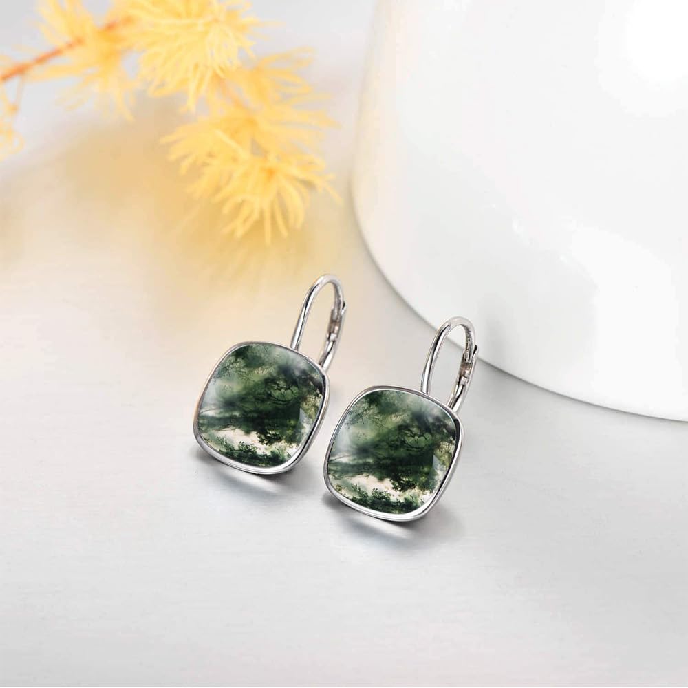 AOBOCO Sterling Silver Leverback Earrings Embellished with Crystals from Austria, Hypoallergenic Cushion Cut Square Crystal Earrings, Fine Anniversary Birthday Jewelry Gifts for Women (Moss Agate)