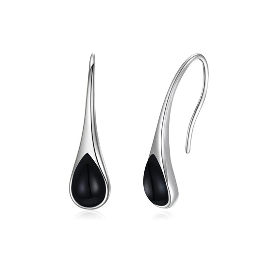 925 Sterling Silver Teardrop Earrings with Black Onyx, Hypoallergenic Pear-Shaped Dangle Drop Earrings for Women