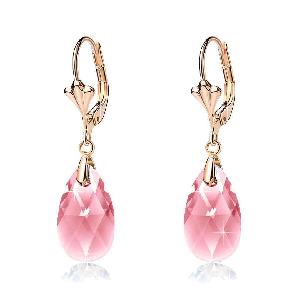 Austrian Crystal Teardrop Leverback Dangle Earrings for Women Fashion 14K Gold Plated Hypoallergenic Jewelry (Pink)